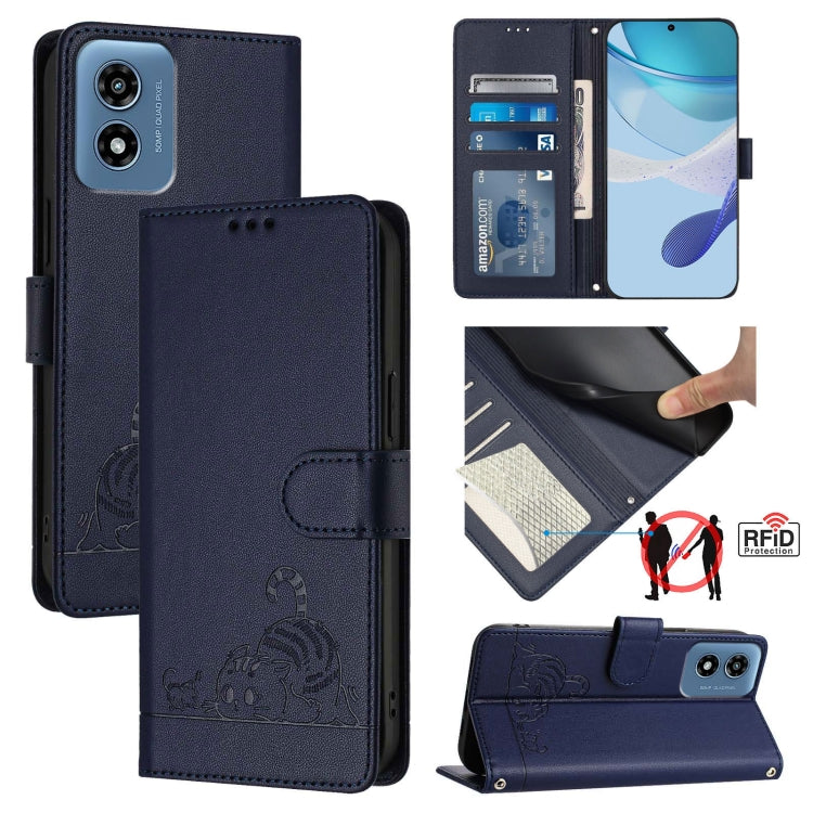 For Motorola Moto G 5G 2024 Global Cat Rat Embossed Pattern RFID Leather Phone Case with Lanyard(Blue) - free shipping - PMC Jewellery - Order now!