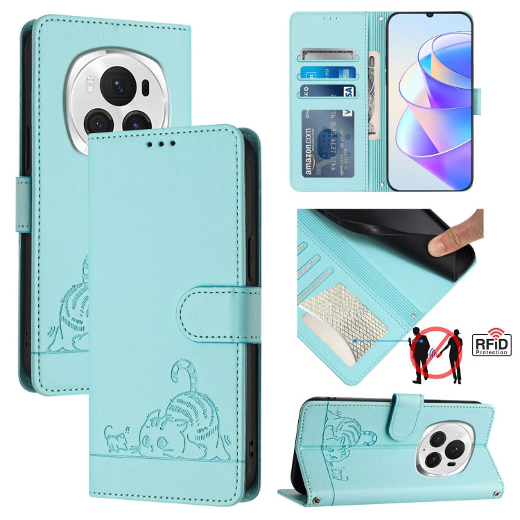 For Honor Magic6 Pro 5G Global Cat Rat Embossed Pattern RFID Leather Phone Case with Lanyard(Mint Green) - Honor Cases by PMC Jewellery | Online Shopping South Africa | PMC Jewellery | Buy Now Pay Later Mobicred