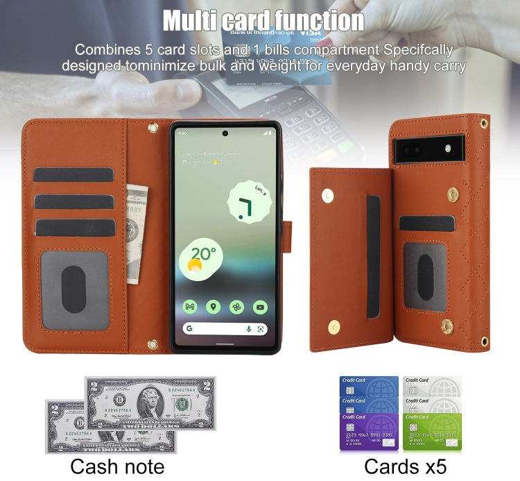 For Google Pixel 6a Crossbody Multifunction Rhombic Leather Phone Case(Brown) - Google Cases by PMC TechLife | Online Shopping South Africa | PMC TechLife | Buy Now Pay Later Mobicred