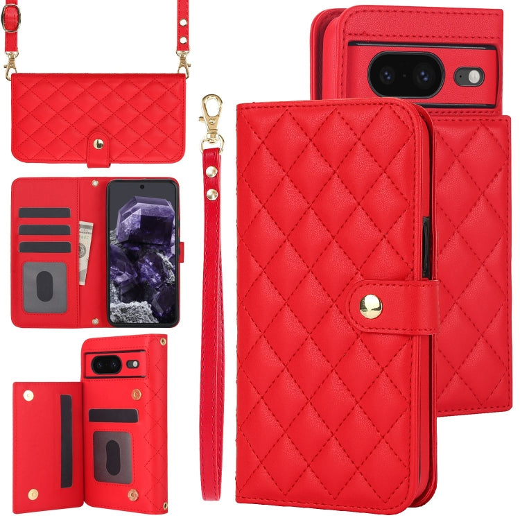 For Google Pixel 8 Crossbody Multifunction Rhombic Leather Phone Case(Red) - Google Cases by PMC TechLife | Online Shopping South Africa | PMC TechLife | Buy Now Pay Later Mobicred