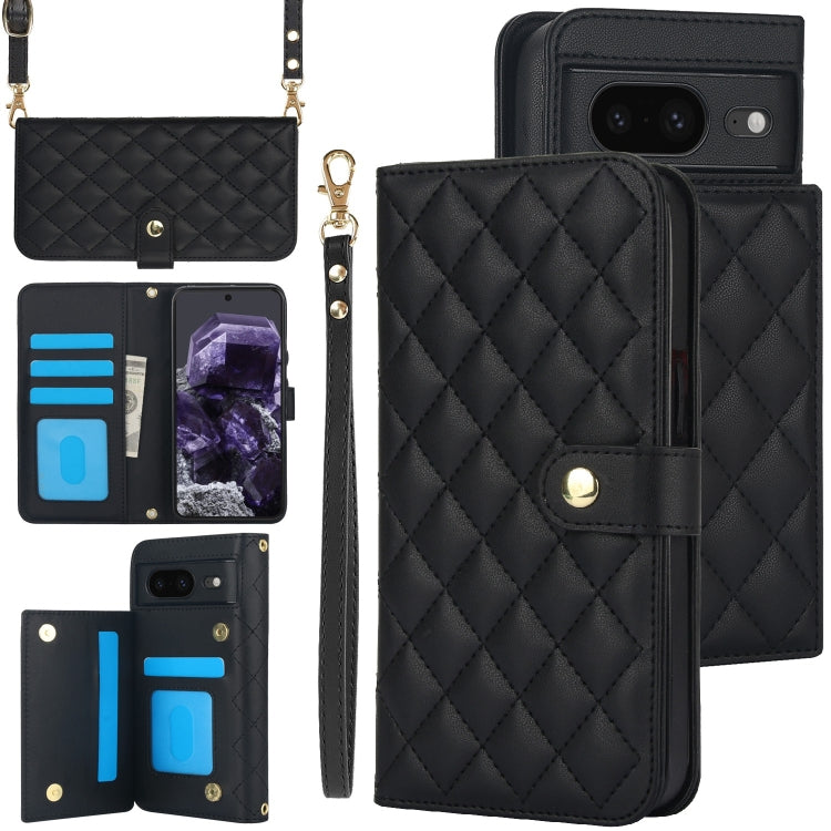 For Google Pixel 8a Crossbody Multifunction Rhombic Leather Phone Case(Black) - Google Cases by PMC TechLife | Online Shopping South Africa | PMC TechLife | Buy Now Pay Later Mobicred