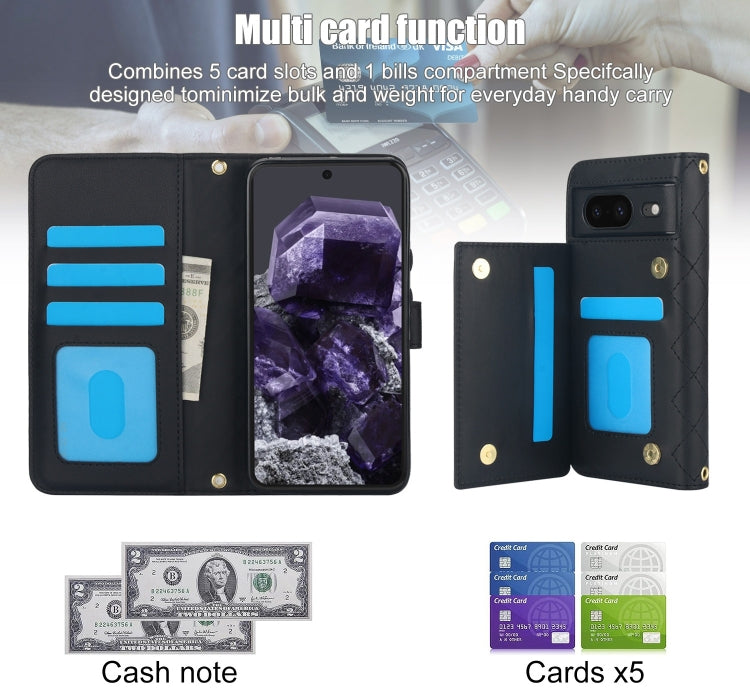 For Google Pixel 8a Crossbody Multifunction Rhombic Leather Phone Case(Black) - Google Cases by PMC TechLife | Online Shopping South Africa | PMC TechLife | Buy Now Pay Later Mobicred