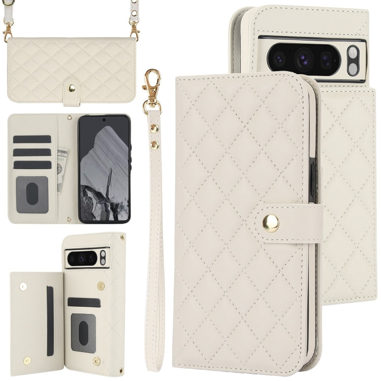 For Google Pixel 8 Pro Crossbody Multifunction Rhombic Leather Phone Case(White) - Google Cases by PMC TechLife | Online Shopping South Africa | PMC TechLife | Buy Now Pay Later Mobicred