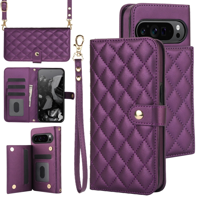 For Google Pixel 9 Crossbody Multifunction Rhombic Leather Phone Case(Dark Purple) - Google Cases by PMC Jewellery | Online Shopping South Africa | PMC Jewellery | Buy Now Pay Later Mobicred