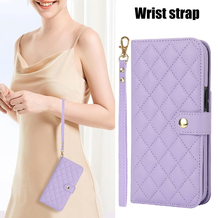 For Google Pixel 9 Crossbody Multifunction Rhombic Leather Phone Case(Purple) - Google Cases by PMC TechLife | Online Shopping South Africa | PMC TechLife | Buy Now Pay Later Mobicred