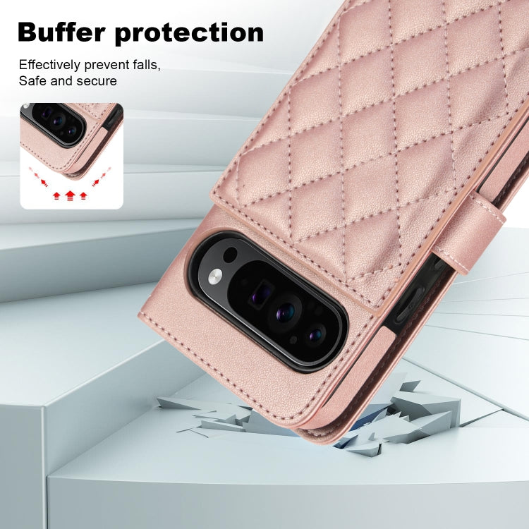 For Google Pixel 9 Pro XL Crossbody Multifunction Rhombic Leather Phone Case(Rose Gold) - Google Cases by PMC Jewellery | Online Shopping South Africa | PMC Jewellery | Buy Now Pay Later Mobicred