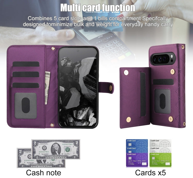 For Google Pixel 9 Pro XL Crossbody Multifunction Rhombic Leather Phone Case(Dark Purple) - Google Cases by PMC TechLife | Online Shopping South Africa | PMC TechLife | Buy Now Pay Later Mobicred