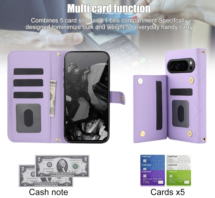 For Google Pixel 9 Pro XL Crossbody Multifunction Rhombic Leather Phone Case(Purple) - Google Cases by PMC Jewellery | Online Shopping South Africa | PMC Jewellery | Buy Now Pay Later Mobicred