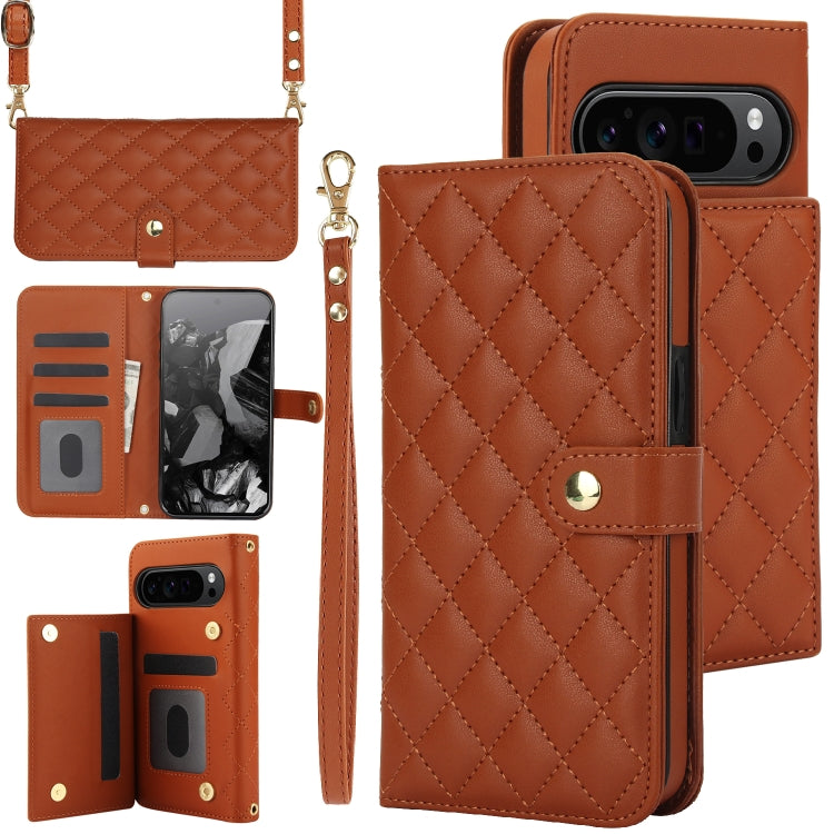 For Google Pixel 9 Pro XL Crossbody Multifunction Rhombic Leather Phone Case(Brown) - Google Cases by PMC TechLife | Online Shopping South Africa | PMC TechLife | Buy Now Pay Later Mobicred