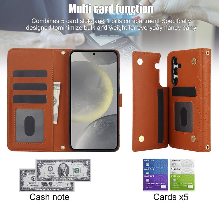 For Samsung Galaxy S24 5G Crossbody Multifunction Rhombic Leather Phone Case(Brown) - Galaxy S24 5G Cases by PMC Jewellery | Online Shopping South Africa | PMC Jewellery | Buy Now Pay Later Mobicred