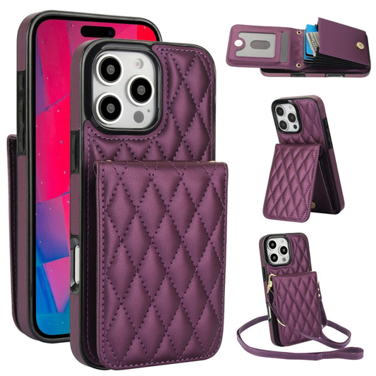 For iPhone 16 Pro YM015 Crossbody Rhombic Card Bag RFID Phone Case(Dark Purple) - iPhone 16 Pro Cases by PMC Jewellery | Online Shopping South Africa | PMC Jewellery | Buy Now Pay Later Mobicred