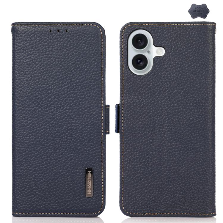 For iPhone 17 KHAZNEH Side-Magnetic Litchi Genuine Leather RFID Case(Blue) - free shipping - PMc TechLife - Order now!