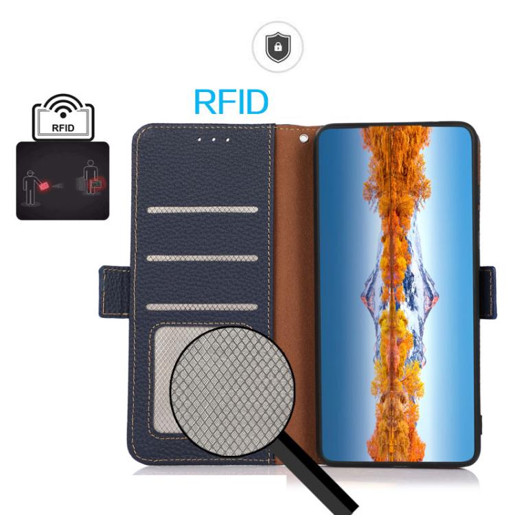 For iPhone 17 Pro Max KHAZNEH Side-Magnetic Litchi Genuine Leather RFID Case(Blue) - free shipping - PMc TechLife - Order now!