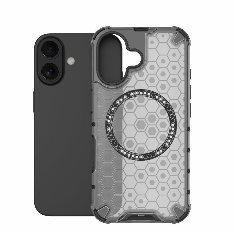 For iPhone 16 Honeycomb Magnetic Ring Shockproof Phone Case(Black) - iPhone 16 Cases by PMC Jewellery | Online Shopping South Africa | PMC Jewellery | Buy Now Pay Later Mobicred