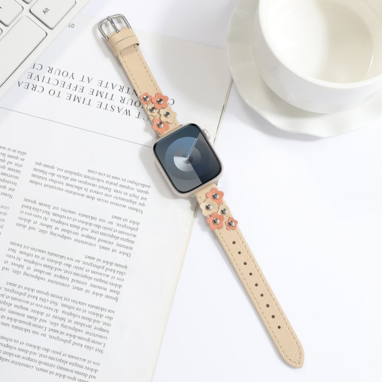 For Apple Watch SE 2023 44mm Stitched Flower Leather Watch Band(Khaki) - Watch Bands by PMc TechLife | Online Shopping South Africa | PMc TechLife | Buy Now Pay Later Mobicred