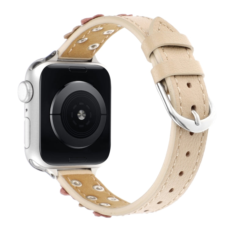 For Apple Watch SE 2023 44mm Stitched Flower Leather Watch Band(Khaki) - Watch Bands by PMc TechLife | Online Shopping South Africa | PMc TechLife | Buy Now Pay Later Mobicred