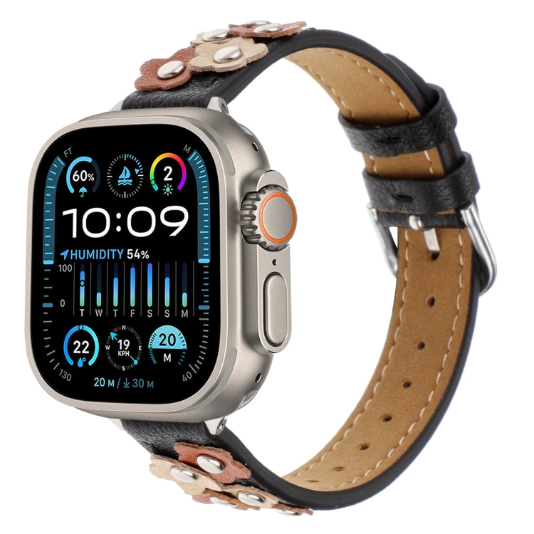 For Apple Watch Ultra 2 49mm Stitched Flower Leather Watch Band(Black) - Watch Bands by PMC TechLife | Online Shopping South Africa | PMC TechLife | Buy Now Pay Later Mobicred