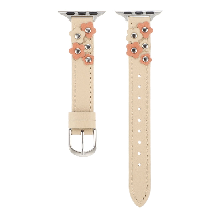 For Apple Watch Ultra 49mm Stitched Flower Leather Watch Band(Khaki) - Watch Bands by PMC TechLife | Online Shopping South Africa | PMC TechLife | Buy Now Pay Later Mobicred