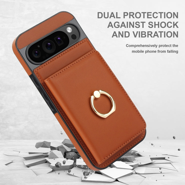 For Google Pixel 9 RFID Anti-theft Card Ring Holder Phone Case(Brown) - Google Cases by PMC Jewellery | Online Shopping South Africa | PMC Jewellery | Buy Now Pay Later Mobicred