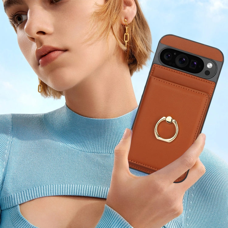 For Google Pixel 9 Pro XL RFID Anti-theft Card Ring Holder Phone Case(Brown) - Google Cases by PMC TechLife | Online Shopping South Africa | PMC TechLife | Buy Now Pay Later Mobicred