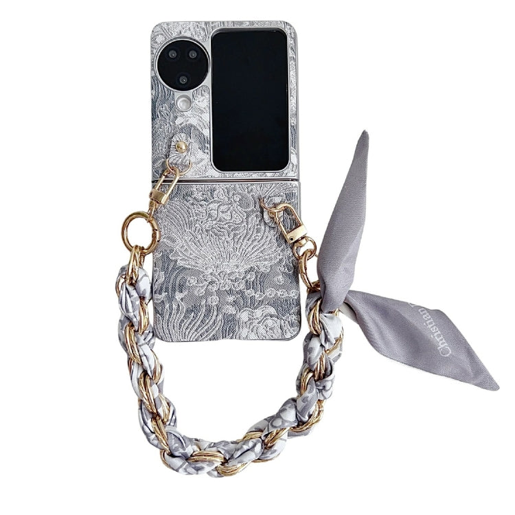 For OPPO Find N3 Flip Embroidery Style DIY Full Coverage Phone Case with Scarf / Bracelet(Grey) - free shipping - PMC TechLife - Order now!