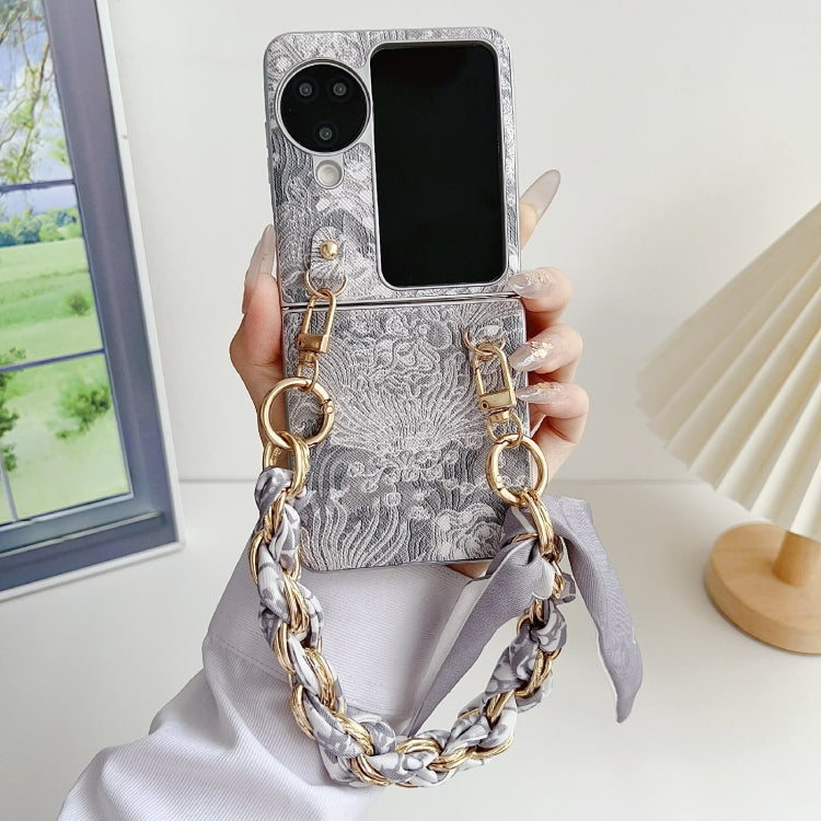 For OPPO Find N3 Flip Embroidery Style DIY Full Coverage Phone Case with Scarf / Bracelet(Grey) - free shipping - PMC TechLife - Order now!