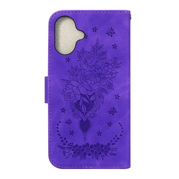 For iPhone 16 Butterfly Rose Embossed Leather Phone Case(Purple) - iPhone 16 Cases by PMC Jewellery | Online Shopping South Africa | PMC Jewellery | Buy Now Pay Later Mobicred