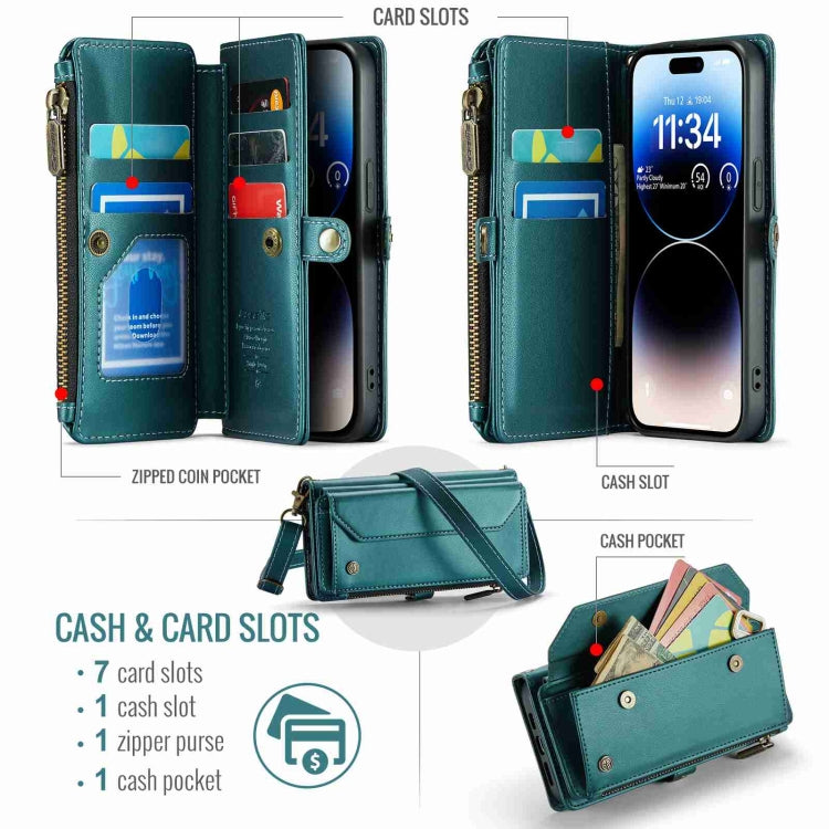 For iPhone 14 Pro CaseMe C36 Card Slots Zipper Wallet RFID Anti-theft Leather Phone Case(Blue-green) - iPhone 14 Pro Cases by CaseMe | Online Shopping South Africa | PMC Jewellery | Buy Now Pay Later Mobicred