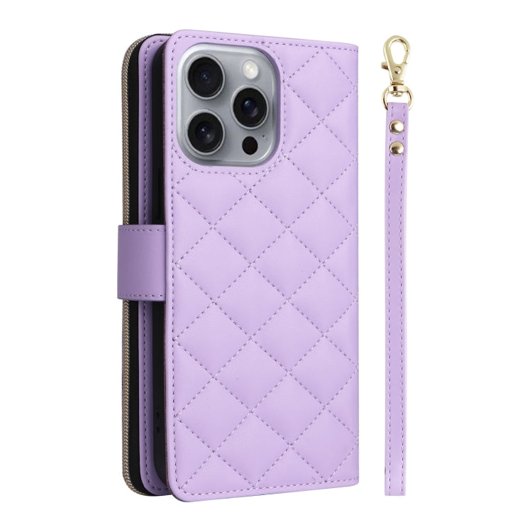 For iPhone 16 Pro Max Crossbody Rhombic Zipper Tower Buckle Leather Phone Case with Lanyard(Purple) - iPhone 16 Pro Max Cases by PMC Jewellery | Online Shopping South Africa | PMC Jewellery | Buy Now Pay Later Mobicred