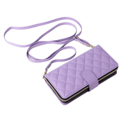 For iPhone 16 Pro Max Crossbody Rhombic Zipper Tower Buckle Leather Phone Case with Lanyard(Purple) - iPhone 16 Pro Max Cases by PMC Jewellery | Online Shopping South Africa | PMC Jewellery | Buy Now Pay Later Mobicred