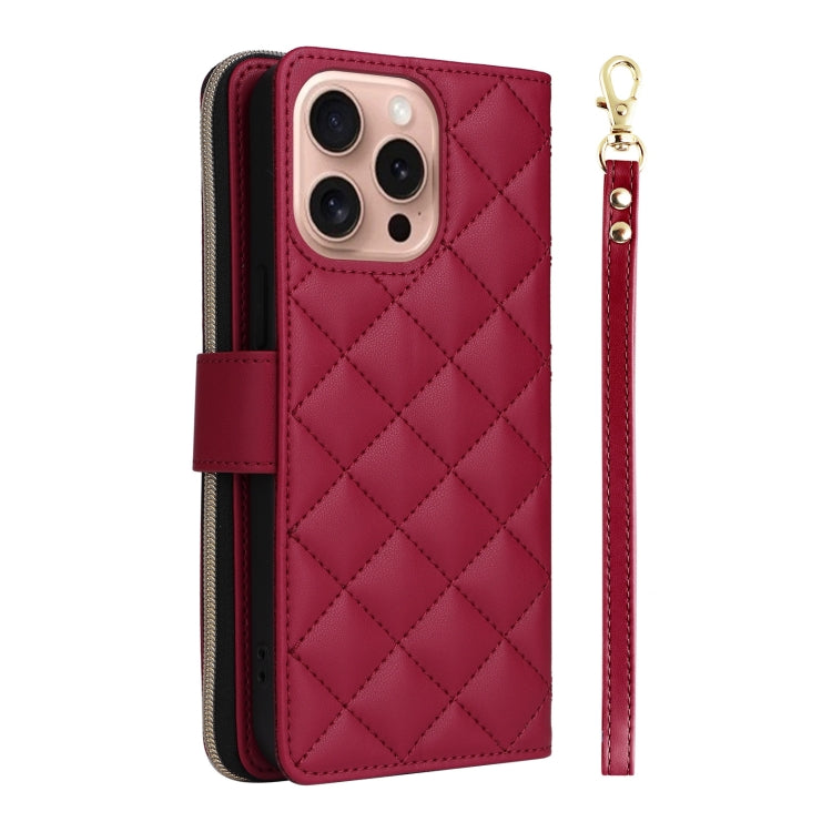 For iPhone 16 Pro Crossbody Rhombic Zipper Tower Buckle Leather Phone Case with Lanyard(Wine Red) - iPhone 16 Pro Cases by PMC Jewellery | Online Shopping South Africa | PMC Jewellery | Buy Now Pay Later Mobicred