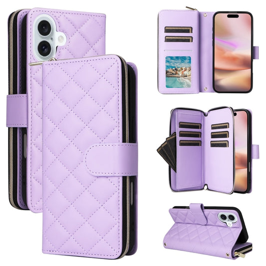 For iPhone 16 Plus Crossbody Rhombic Zipper Tower Buckle Leather Phone Case with Lanyard(Purple) - iPhone 16 Plus Cases by PMC Jewellery | Online Shopping South Africa | PMC Jewellery | Buy Now Pay Later Mobicred