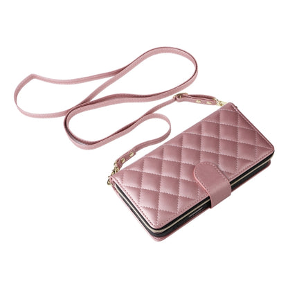 For iPhone 16 Crossbody Rhombic Zipper Tower Buckle Leather Phone Case with Lanyard(Rose Gold) - iPhone 16 Cases by PMC Jewellery | Online Shopping South Africa | PMC Jewellery | Buy Now Pay Later Mobicred