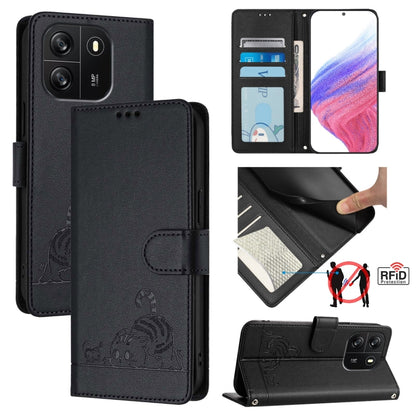 For Blackview Wave 6C Cat Rat Embossed Pattern RFID Leather Phone Case with Lanyard(Black) - More Brand by PMC Jewellery | Online Shopping South Africa | PMC Jewellery | Buy Now Pay Later Mobicred