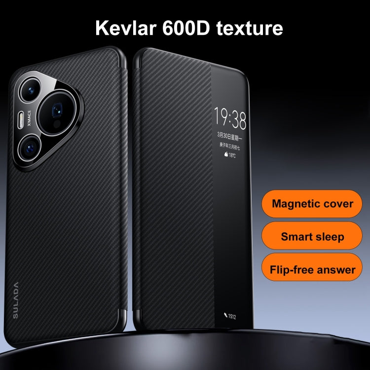 For Huawei Pura 70 SULADA Kevlar 600D Texture Smart Window Leather Phone Case(Black) - free shipping - PMC Jewellery - Order now!
