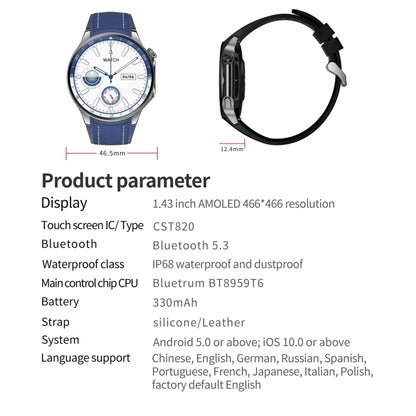 HD Watch X 1.43 inch IP68 BT5.3 Sport Smart Watch, Support Bluetooth Call / Sleep / Blood Oxygen / Heart Rate / Blood Pressure Health Monitor(Silver Steel + Blue Silicone Strap) - Smart Watches by PMC Jewellery | Online Shopping South Africa | PMC Jewellery | Buy Now Pay Later Mobicred