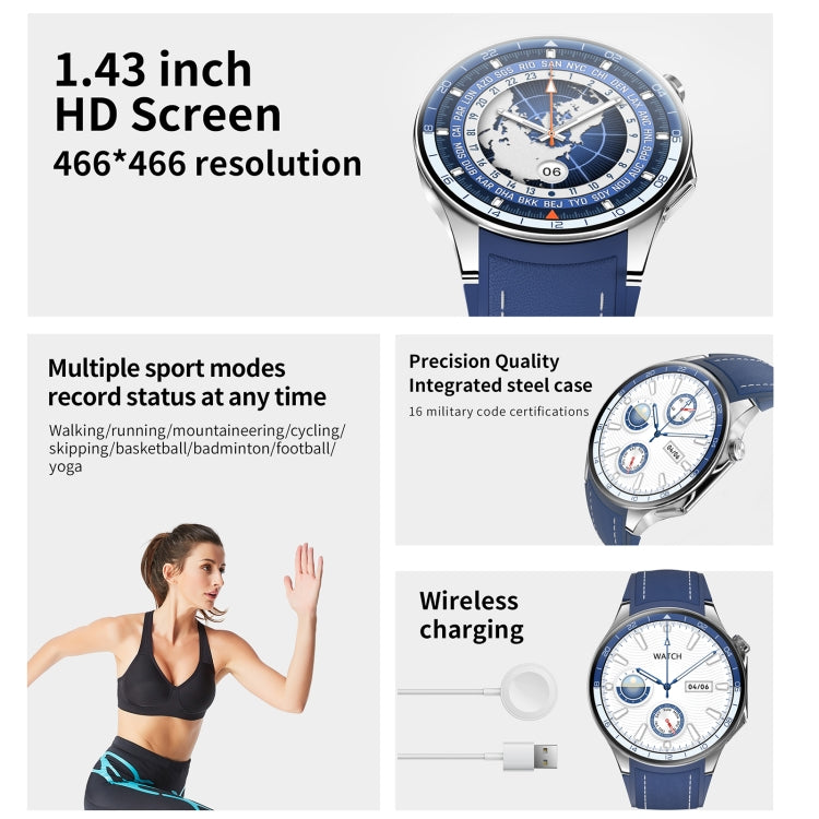 HD Watch X 1.43 inch IP68 BT5.3 Sport Smart Watch, Support Bluetooth Call / Sleep / Blood Oxygen / Heart Rate / Blood Pressure Health Monitor(Silver Steel + Blue Silicone Strap) - Smart Watches by PMC Jewellery | Online Shopping South Africa | PMC Jewellery | Buy Now Pay Later Mobicred