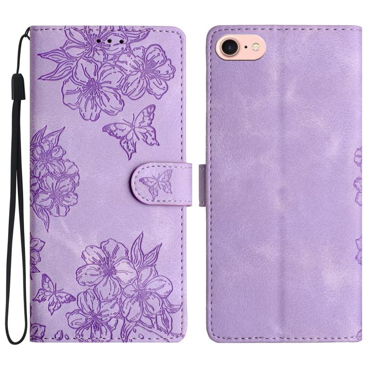 For iPhone 16e Cherry Blossom Butterfly Skin Feel Embossed PU Phone Case(Purple) - iPhone 16e Cases by PMC TechLife | Online Shopping South Africa | PMC TechLife | Buy Now Pay Later Mobicred