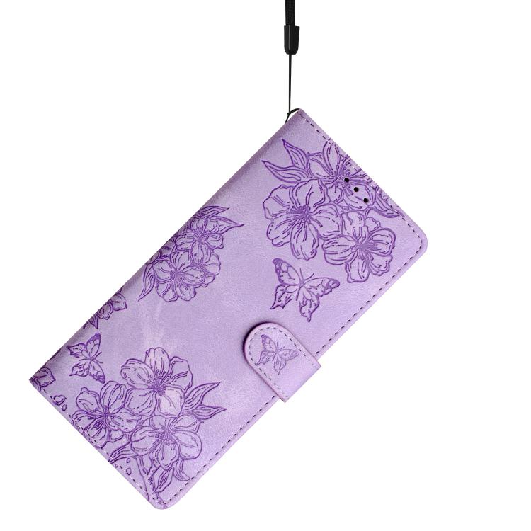 For iPhone 16e Cherry Blossom Butterfly Skin Feel Embossed PU Phone Case(Purple) - iPhone 16e Cases by PMC TechLife | Online Shopping South Africa | PMC TechLife | Buy Now Pay Later Mobicred