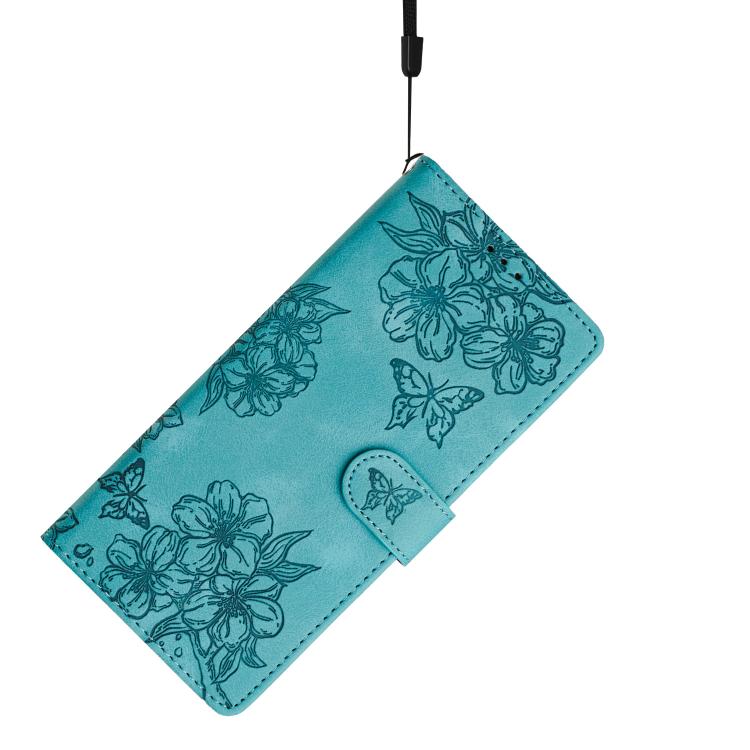 For iPhone 16e Cherry Blossom Butterfly Skin Feel Embossed PU Phone Case(Green) - iPhone 16e Cases by PMC TechLife | Online Shopping South Africa | PMC TechLife | Buy Now Pay Later Mobicred