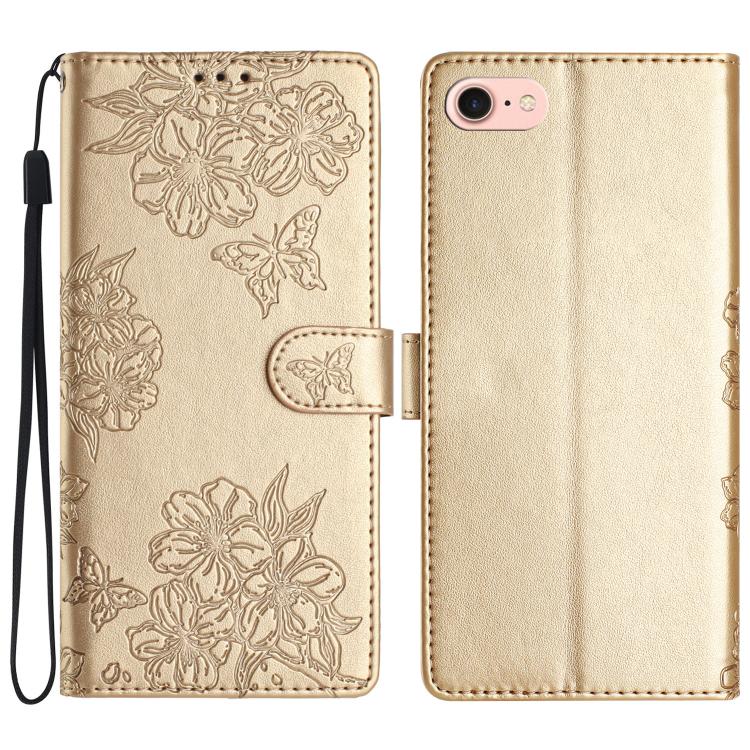 For iPhone 16e Cherry Blossom Butterfly Skin Feel Embossed PU Phone Case(Gold) - free shipping - PMC TechLife - Order now!