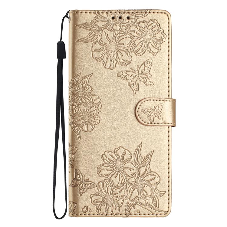 For iPhone 16e Cherry Blossom Butterfly Skin Feel Embossed PU Phone Case(Gold) - free shipping - PMC TechLife - Order now!
