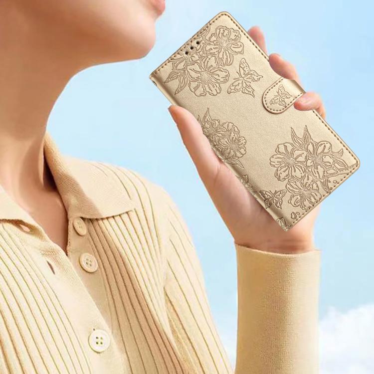 For iPhone 16e Cherry Blossom Butterfly Skin Feel Embossed PU Phone Case(Gold) - free shipping - PMC TechLife - Order now!