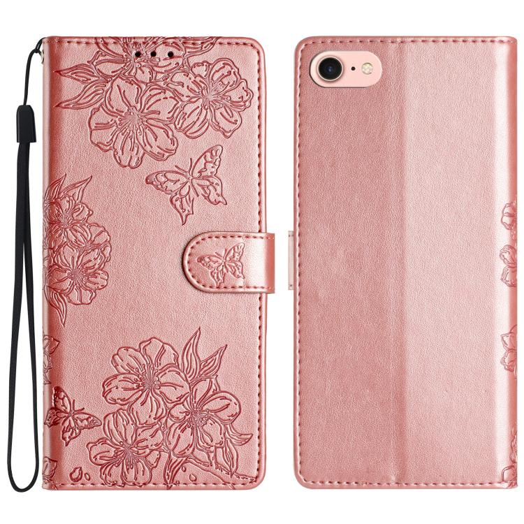 For iPhone 16e Cherry Blossom Butterfly Skin Feel Embossed PU Phone Case(Rose Gold) - iPhone 16e Cases by PMC TechLife | Online Shopping South Africa | PMC TechLife | Buy Now Pay Later Mobicred