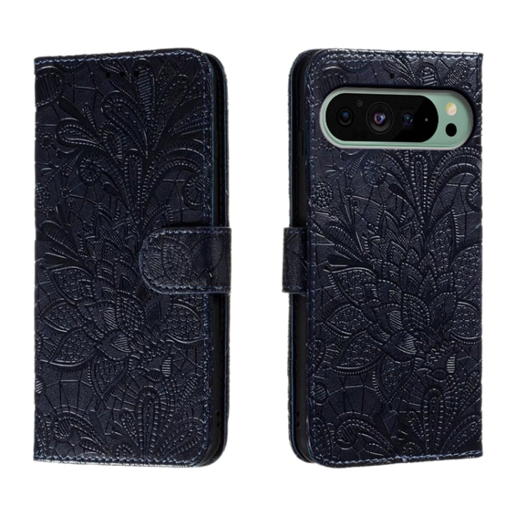 For Google Pixel 9 Lace Flower Embossing Flip Leather Phone Case(Dark Blue) - Google Cases by PMC TechLife | Online Shopping South Africa | PMC TechLife | Buy Now Pay Later Mobicred