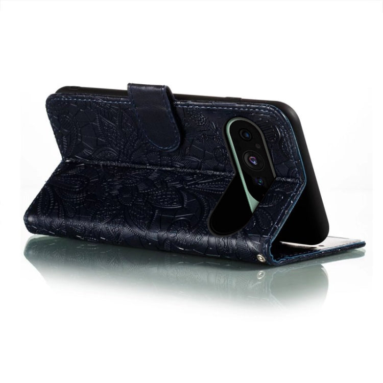 For Google Pixel 9 Lace Flower Embossing Flip Leather Phone Case(Dark Blue) - Google Cases by PMC TechLife | Online Shopping South Africa | PMC TechLife | Buy Now Pay Later Mobicred