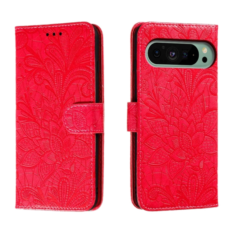 For Google Pixel 9 Lace Flower Embossing Flip Leather Phone Case(Red) - Google Cases by PMC TechLife | Online Shopping South Africa | PMC TechLife | Buy Now Pay Later Mobicred