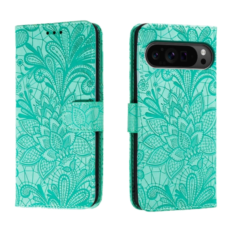 For Google Pixel 9 Pro Lace Flower Embossing Flip Leather Phone Case(Green) - Google Cases by PMC TechLife | Online Shopping South Africa | PMC TechLife | Buy Now Pay Later Mobicred