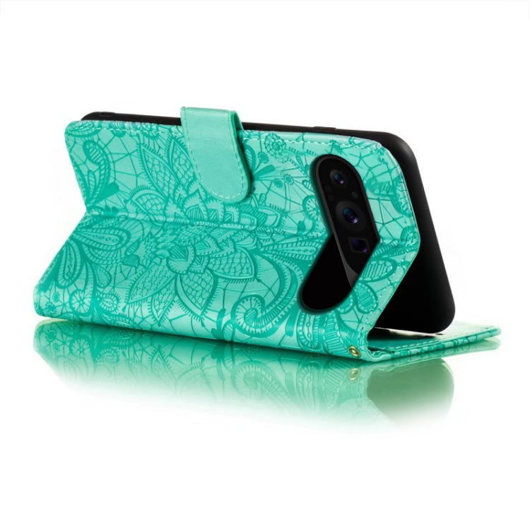 For Google Pixel 9 Pro Lace Flower Embossing Flip Leather Phone Case(Green) - Google Cases by PMC TechLife | Online Shopping South Africa | PMC TechLife | Buy Now Pay Later Mobicred