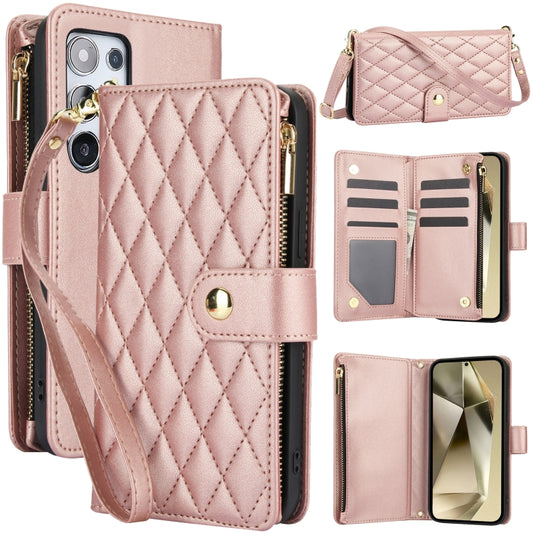 For Samsung Galaxy S24 Ultra 5G YM016 Rhombic Zipper Card Wallet Leather Phone Case with Lanyard(Rose Gold) - Galaxy S24 Ultra 5G Cases by PMC Jewellery | Online Shopping South Africa | PMC Jewellery | Buy Now Pay Later Mobicred